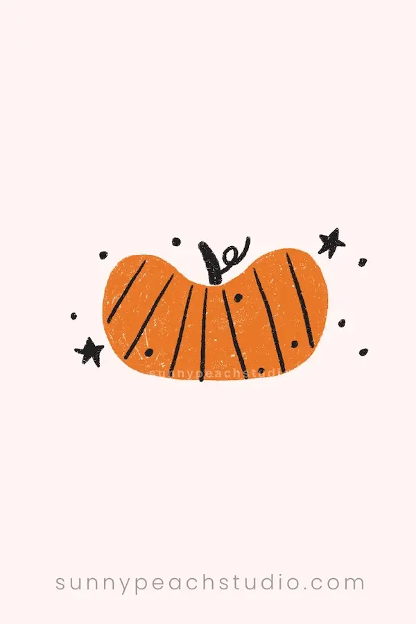 Finished simple orange pumpkin drawing with curved section lines, a curly vine, stars, and dots