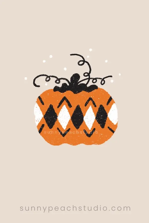 Orange pumpkin drawing decorated with black and white diamond patterns