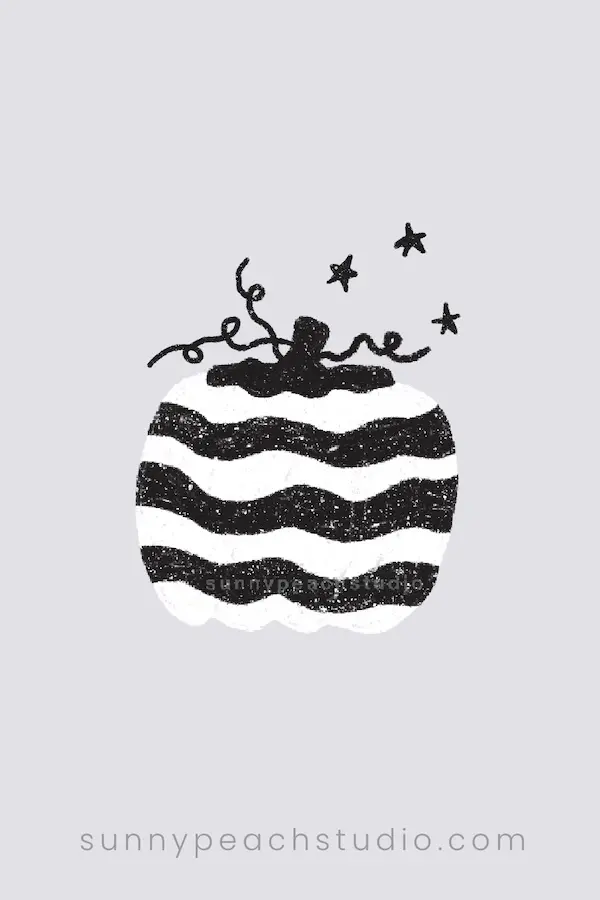 Black and white pumpkin drawing with bold wavy stripes and curly vines
