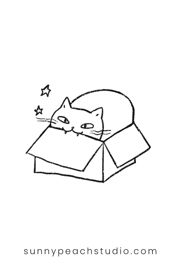 Outline drawing of a cute cat curled up inside a cardboard box