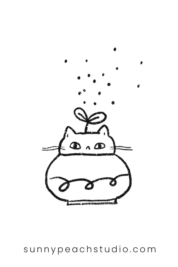 Outline drawing of a cat-shaped planter with a small sprouting plant