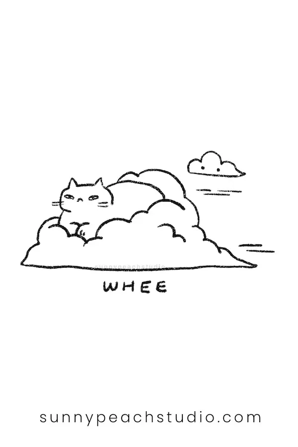 Outline drawing of a cat riding on fluffy clouds