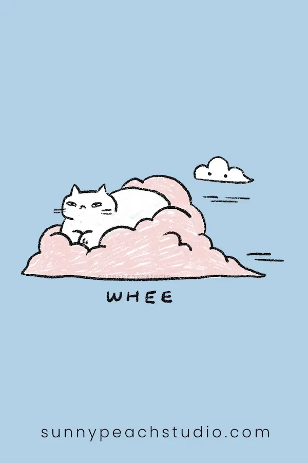drawing of a cat riding on fluffy clouds