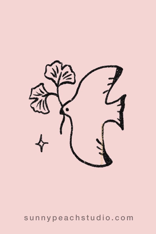 Outline drawing of a cute autumn dove with ginkgo leaves