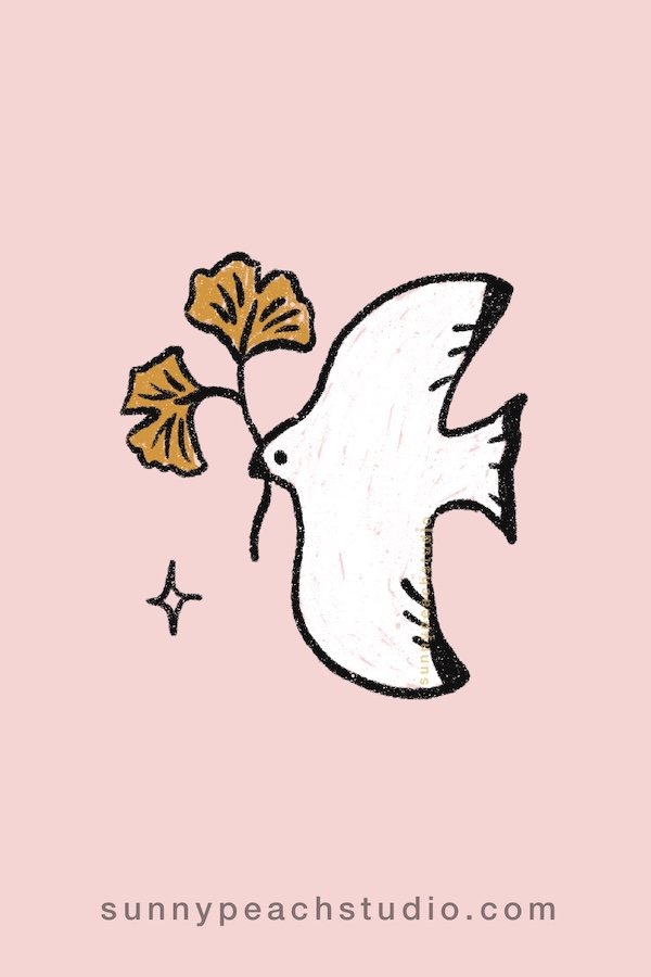 Cute autumn dove drawing with golden ginkgo leaves