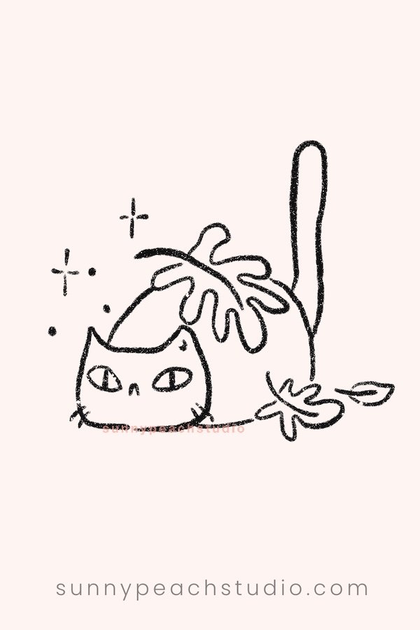 Outline drawing of a cute cat playing with fall leaves