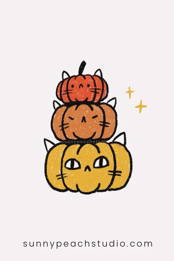 Finished colorful drawing of three stacked cat pumpkins in orange, brown, and yellow