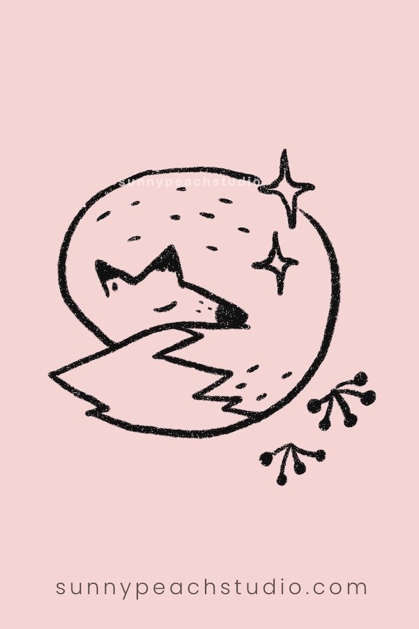 Outline drawing of a cute curled-up sleeping fall fox