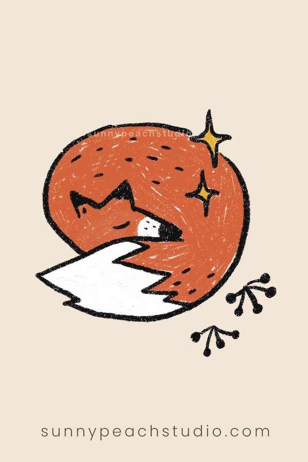 Cute cozy sleeping fall fox curled up with autumn sparkles and berries