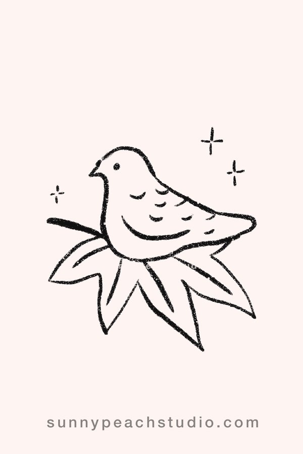 Outline drawing of a cute fall bird sitting on a maple leaf