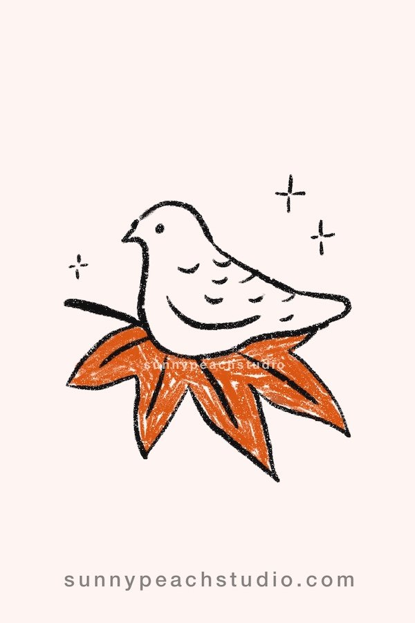 Cute fall bird sitting on an orange maple leaf drawing