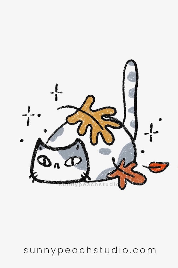 Finished cute cat playing with orange fall leaves drawing