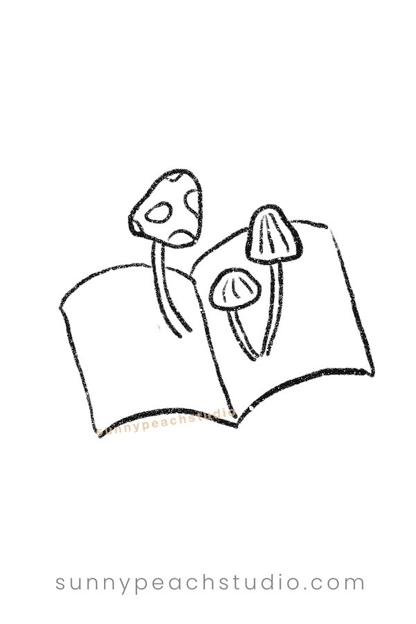 Outline drawing of mushrooms growing from an open book