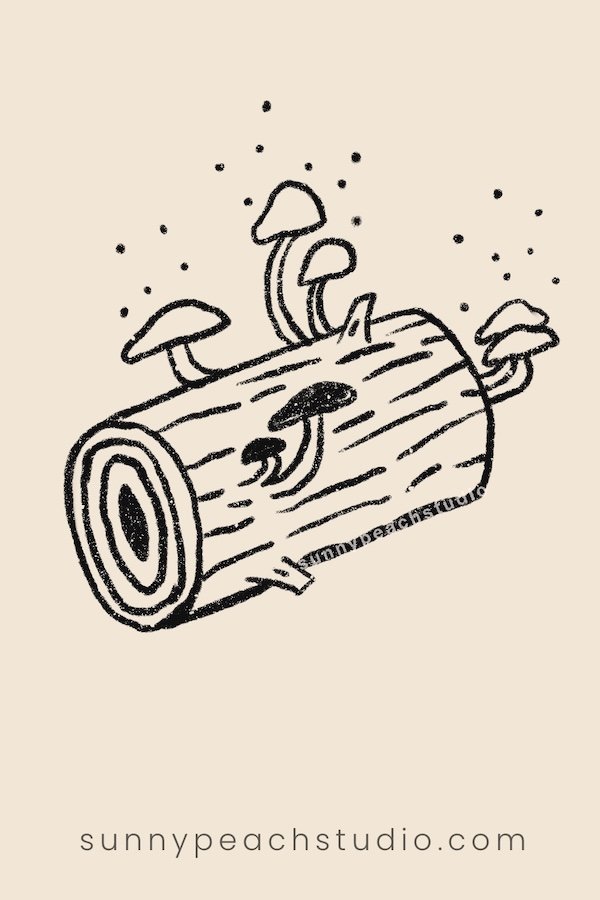 Outline drawing of mushrooms growing on a log