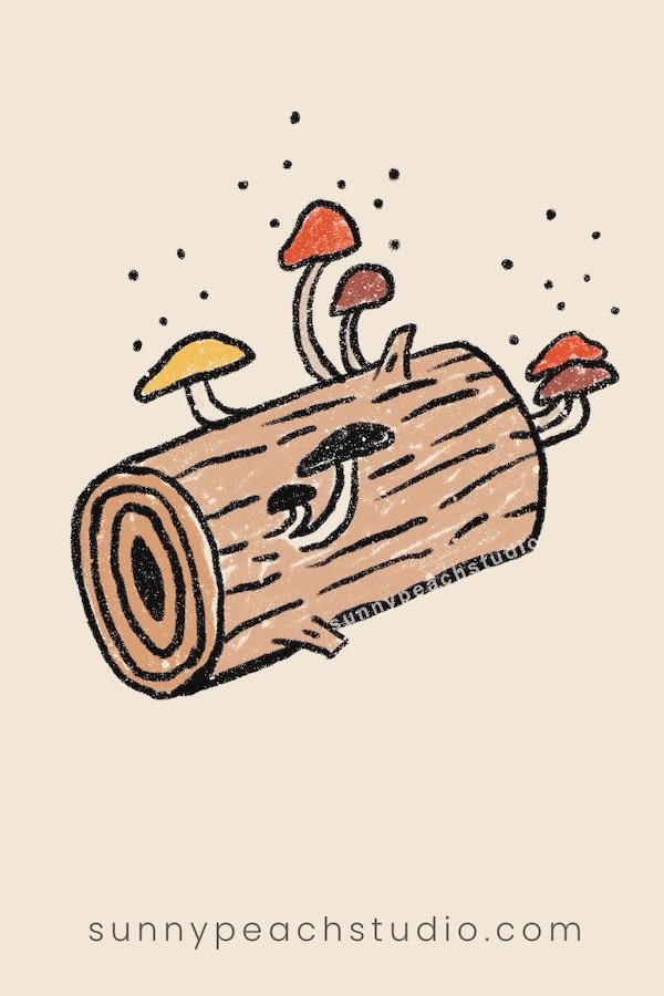 Cute fall drawing of colorful mushrooms growing on a log