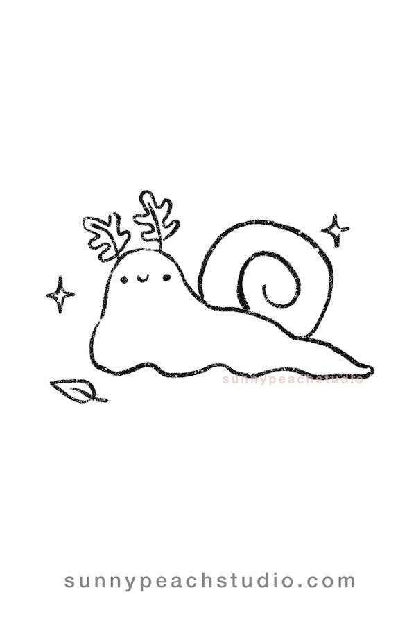 Outline drawing of a cute fall snail with autumn leaves