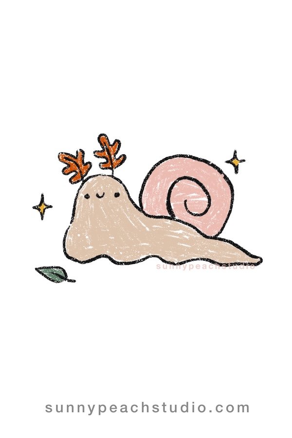 Cute fall snail drawing with autumn leaves on its head