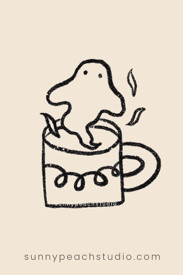 Outline drawing of a cute ghost popping out of a fall mug