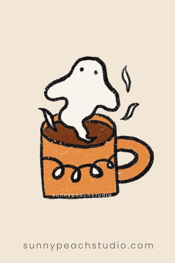 Cute ghost popping out of a cozy fall mug drawing