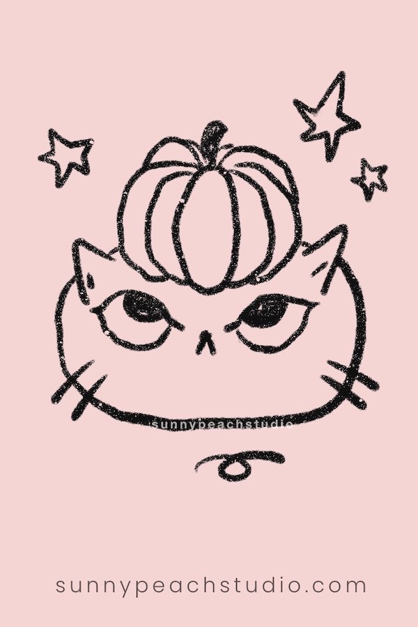 Outline drawing of a cute cat with a pumpkin on its head