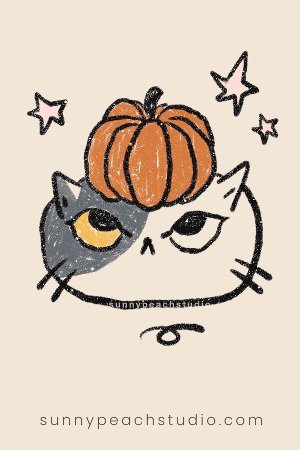 Cute fall cat drawing with a pumpkin on its head