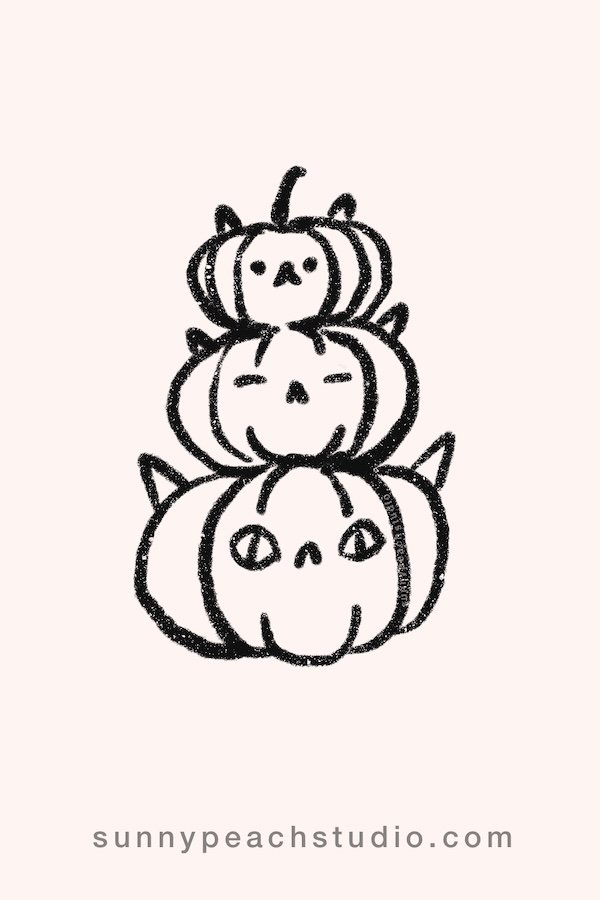 Outline drawing of three cute stacked pumpkin cats