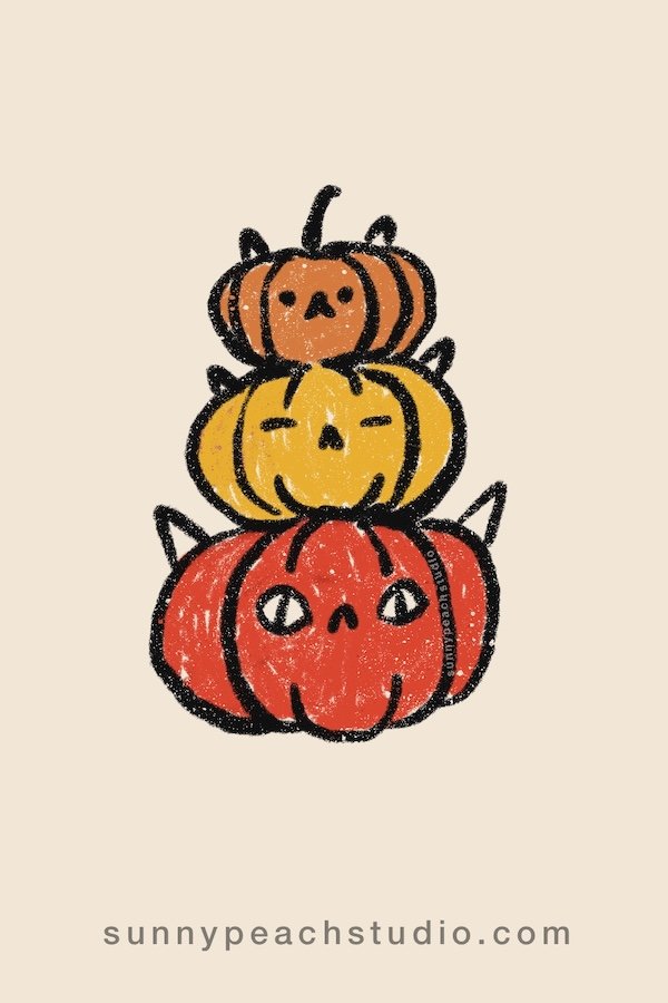 Cute fall drawing of three stacked pumpkin cats in orange, yellow, and red