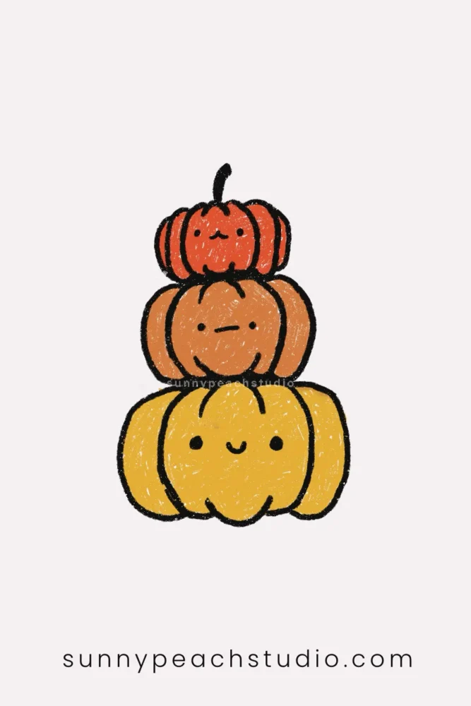 Cute stack of three colorful pumpkins with simple faces