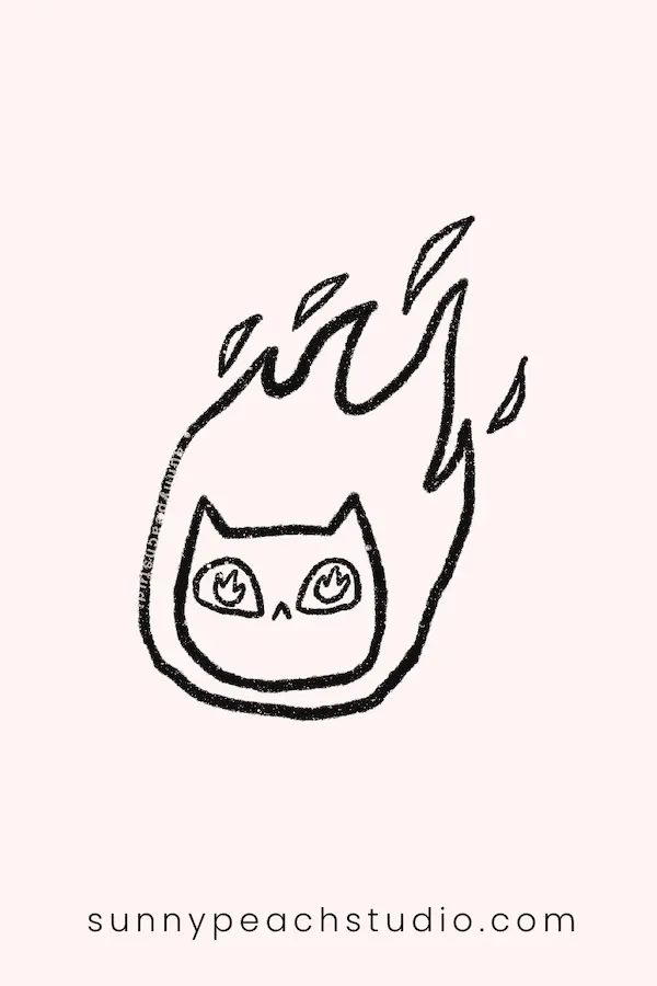 Outline drawing of a cute cat surrounded by flames