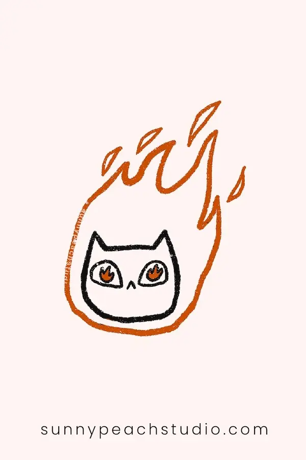 Cute cat surrounded by orange flames with fire-shaped eyes