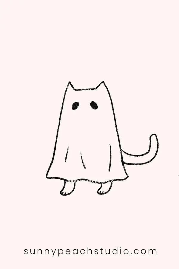 Cute cat dressed like a ghost with its tail and paws showing