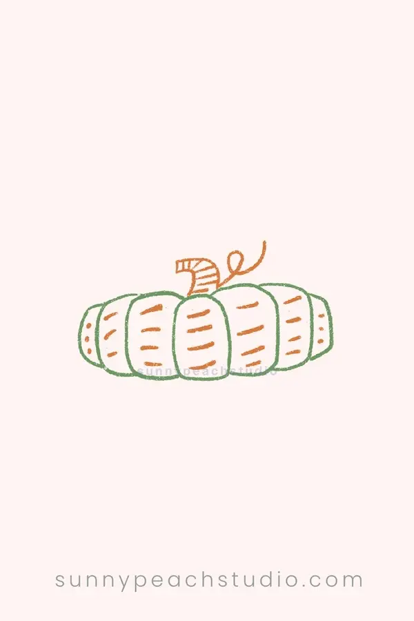 Simple pumpkin outline drawing in orange and green with a curly vine