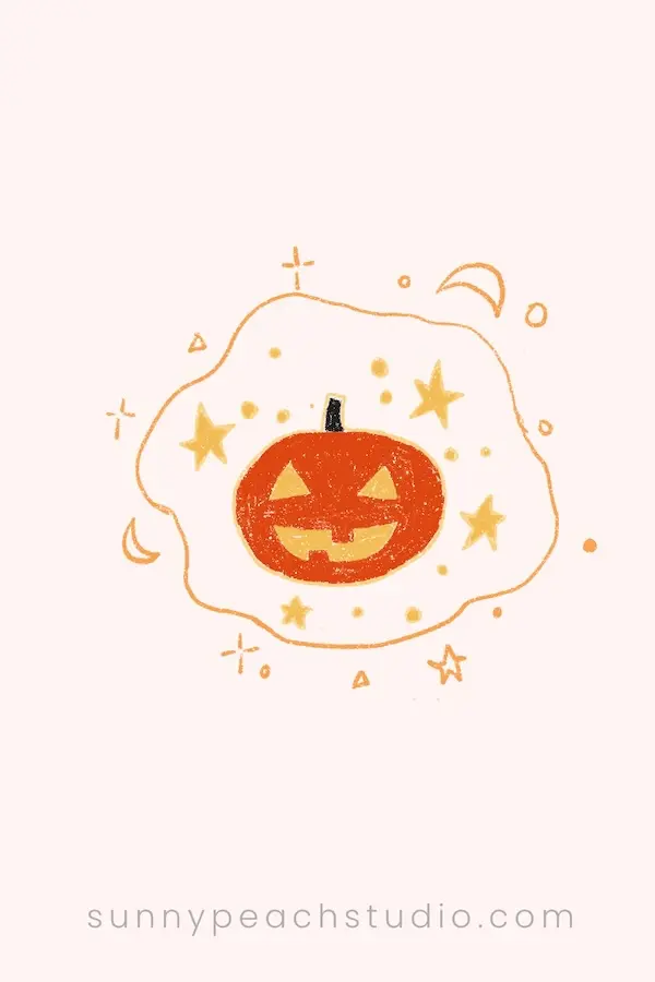 Pumpkin drawing surrounded by a loose border, stars, moons, and sparkles