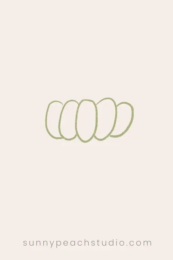 Step 1 of drawing a simple green pumpkin, starting with rounded pumpkin sections