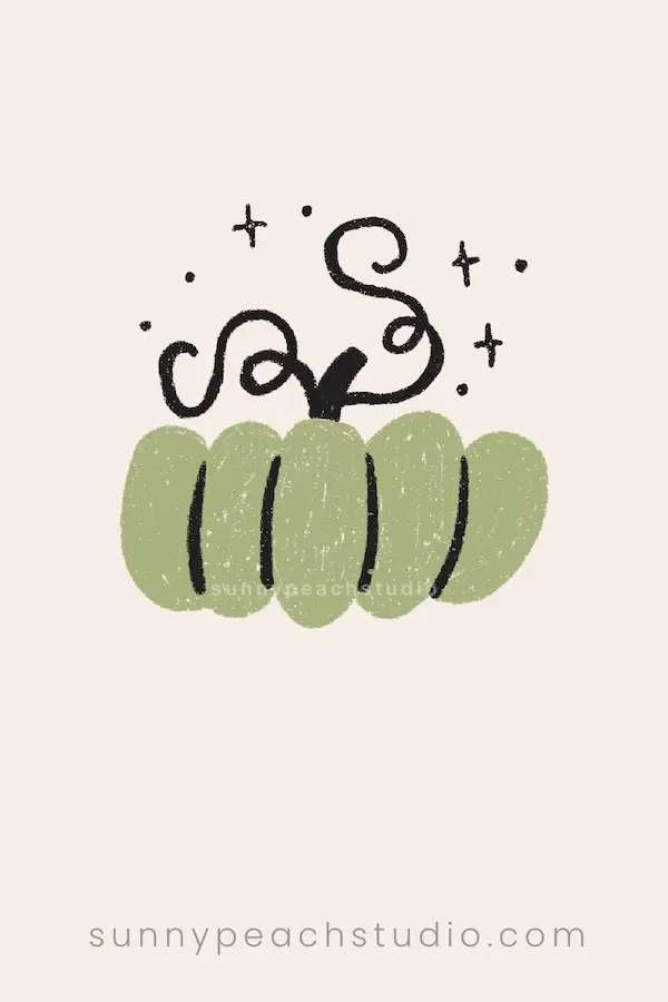 Step 3 of drawing a simple green pumpkin, adding a stem, curly vine, and section lines