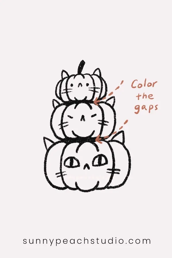 Finished outline of three stacked cat pumpkins with spaces between them filled in