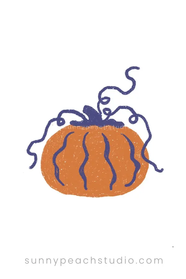 Orange pumpkin drawing with purple wavy lines and loose curly vines