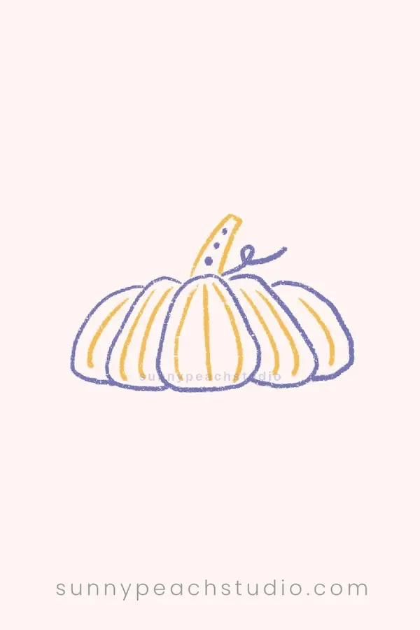 Simple pumpkin line drawing in purple and yellow with a dotted stem