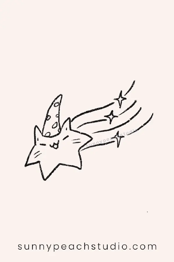 Outline drawing of a cat wearing a wizard hat flying like a shooting star