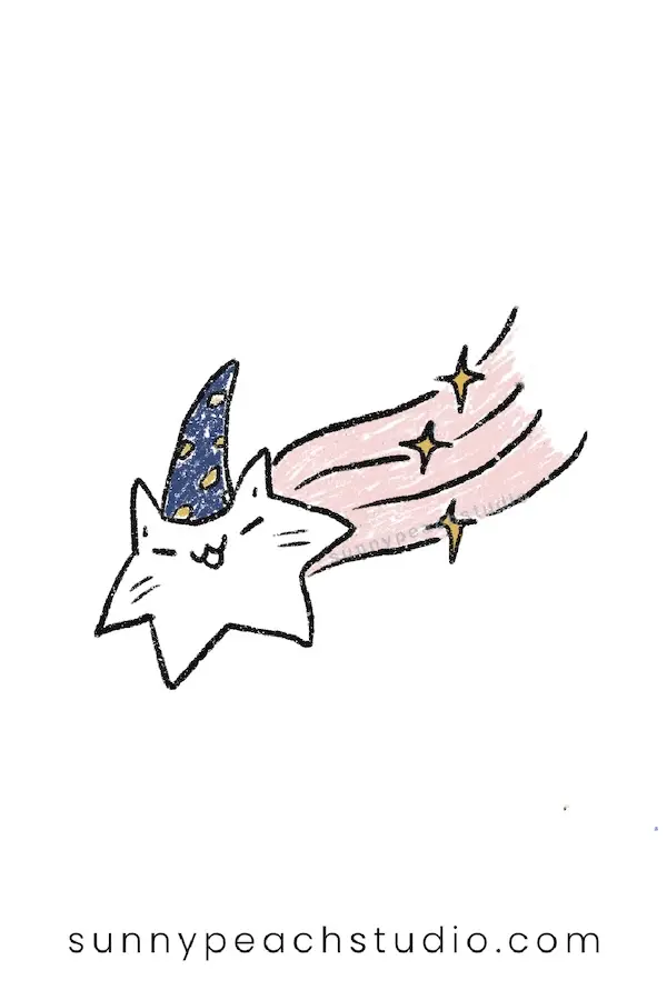 Cute cat wearing a wizard hat flying like a shooting star