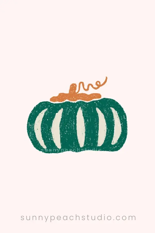 Simple dark green pumpkin drawing with cream sections and an orange stem