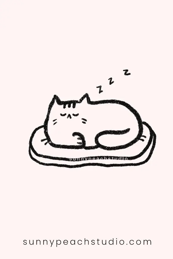 Outline drawing of a sleepy cat curled up on a cushion