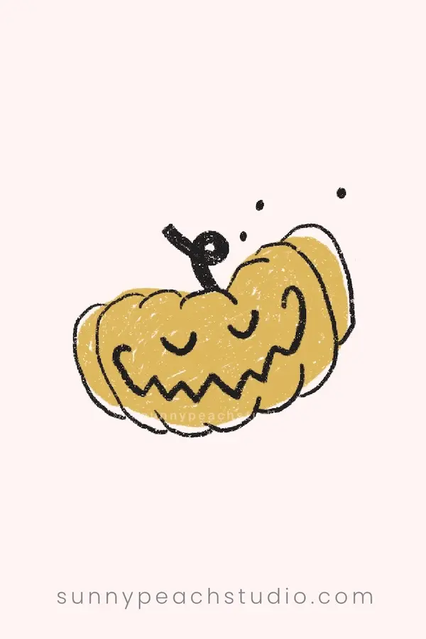 Cute yellow pumpkin drawing with closed eyes and a wavy zigzag smile
