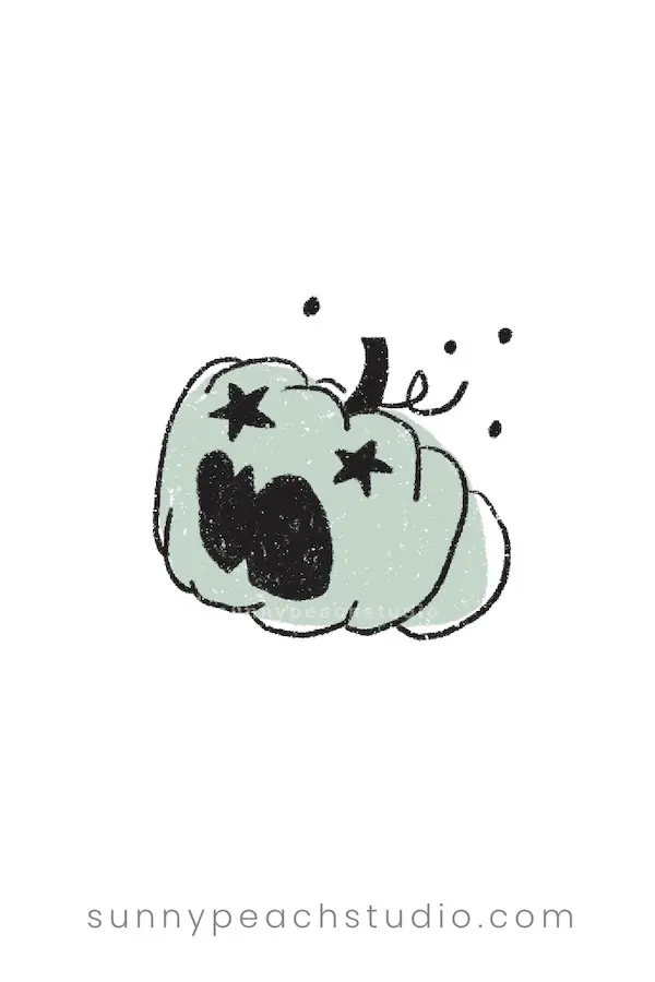 Mint green pumpkin drawing with star-shaped eyes and a spooky open mouth