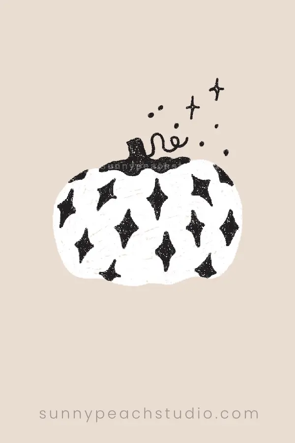 White pumpkin drawing decorated with black star shapes and a curly stemc