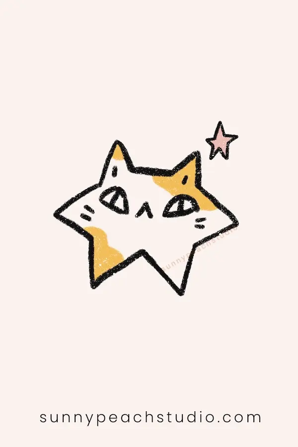 Cute star-shaped cat drawing with yellow and orange details
