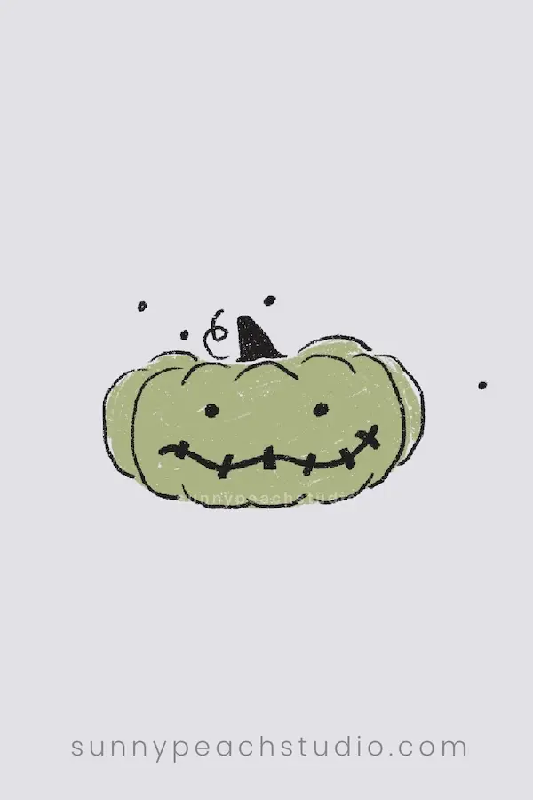 Cute green pumpkin face drawing with tiny eyes and a stitched smile