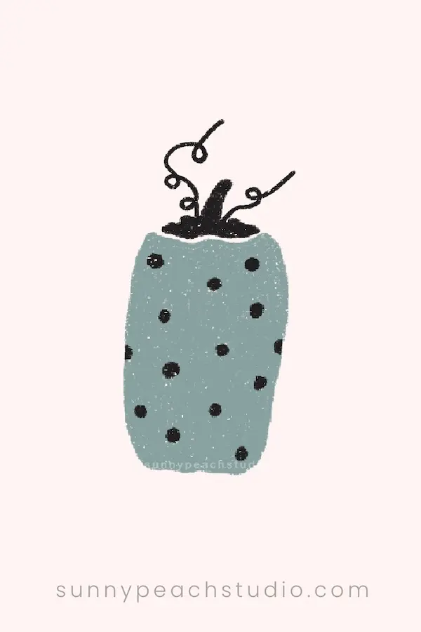 Tall mint green pumpkin drawing with black polka dots and curly vines