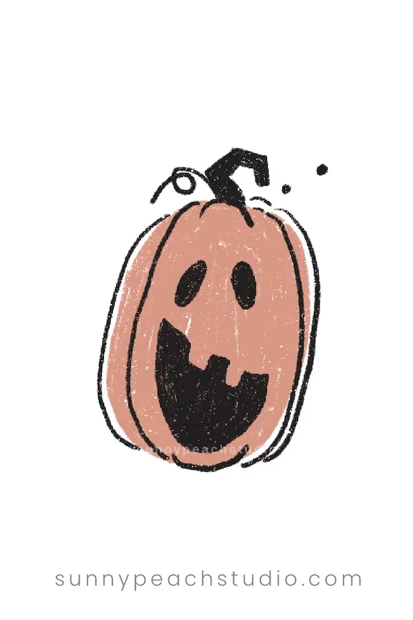 Tall orange pumpkin face drawing with oval eyes and a large happy mouth